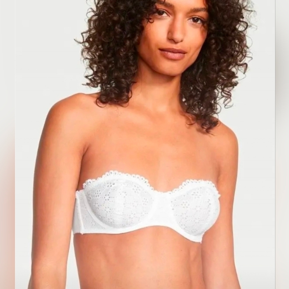 Strapless White Lace Balcony Bra - Women Intimates 38C